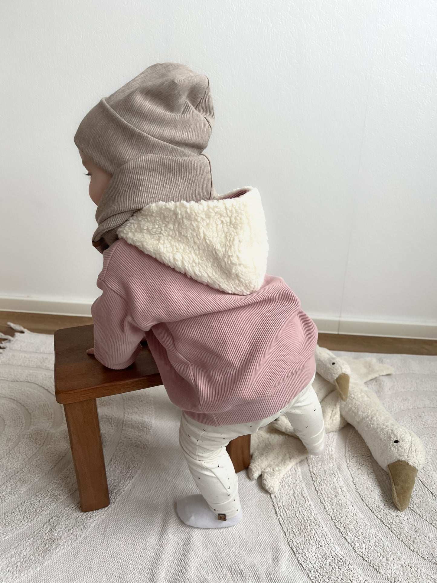 Hoodie Rippenoptik Teddykapuze - Helles Altrosa