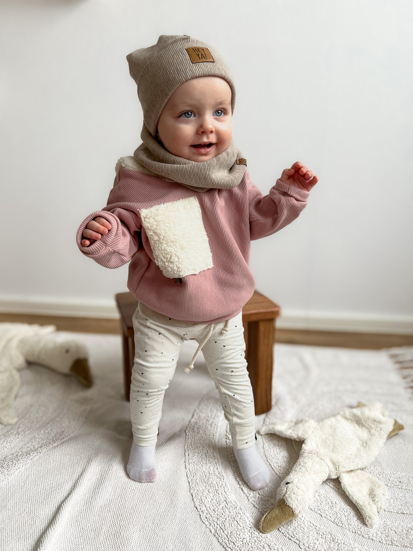 Hoodie Rippenoptik Teddykapuze - Helles Altrosa