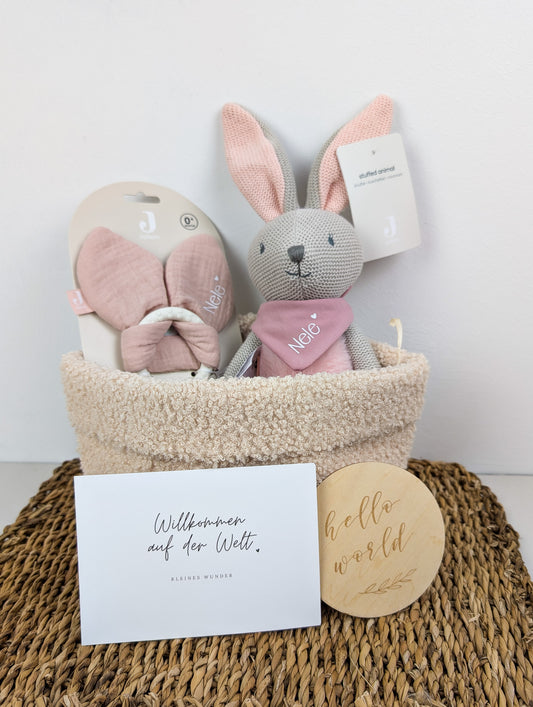 Personalisiertes Geschenkkörbchen | Rosa | Geschenk zur Geburt | Taufe